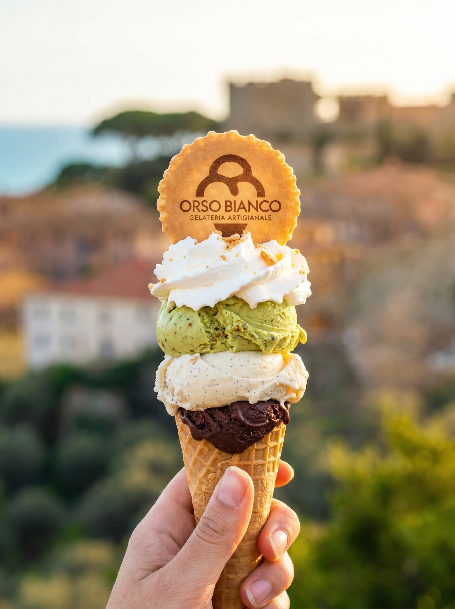 Cono gelato artigianale Gelateria Orso Bianco a Castiglione della Pescaia con cialda logo e sfondo borgo medievale
