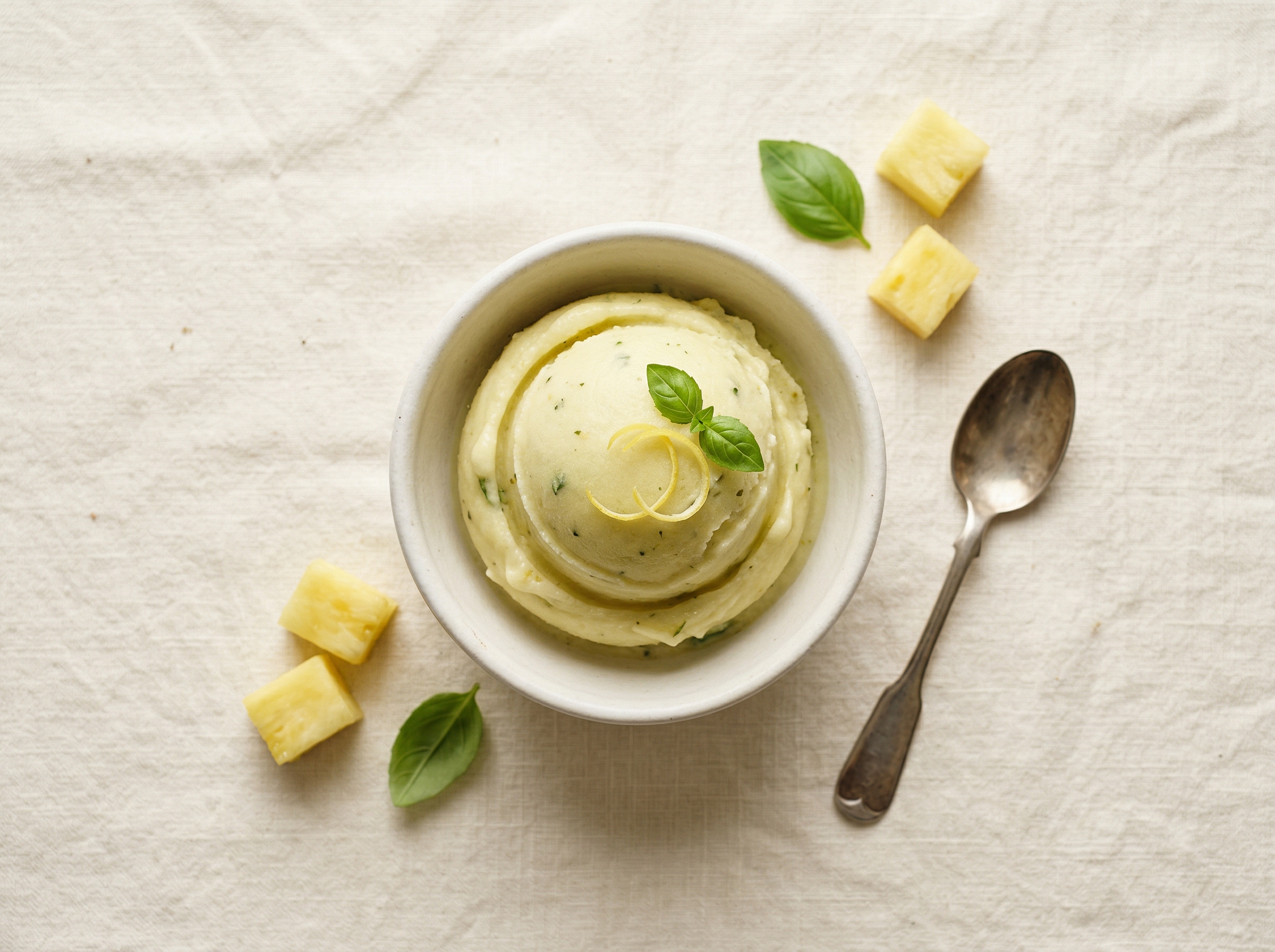Gelato limone basilico e ananas — creazione originale Gelateria Orso Bianco, Maremma Toscana